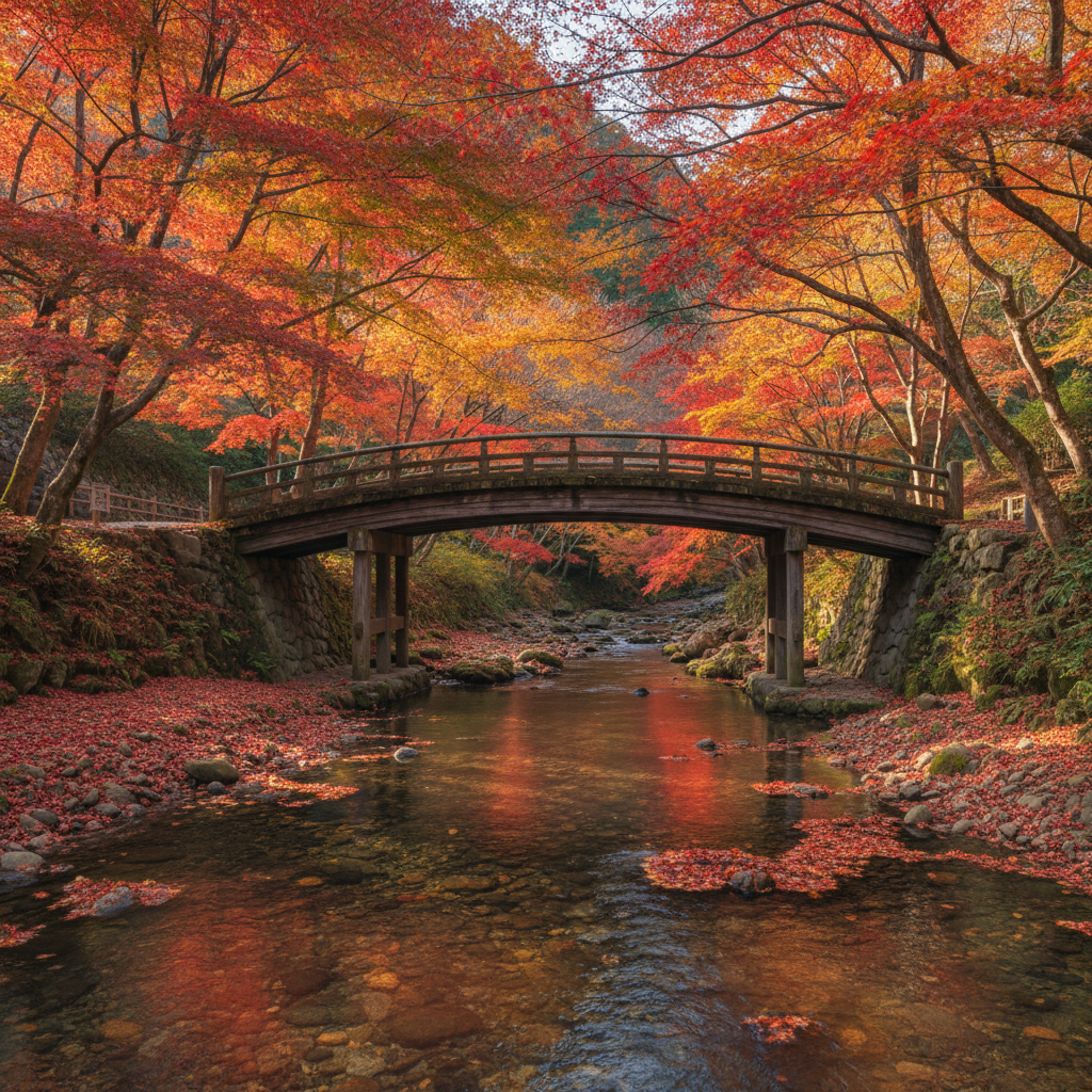 An autumn scene in a quieter corner of Kyoto’s Arashiyama, where a small wooden bridge arches over a clear, shallow stream filled with smooth river stones. Maple trees on both banks blaze in deep crimson and burnished gold, their fallen leaves floating on the water’s surface and gathered at the stream’s edges. Soft, filtered afternoon light slips between the branches, creating dappled highlights on the weathered bridge planks and rippling water. Photographic realism with an eye-level composition and balanced framing, the bridge slightly off-center, leading the viewer deeper into the landscape. The mood is serene and poetic, suggesting a personal side path away from crowds, where a traveler might pause and reflect on their own Kyoto story.
