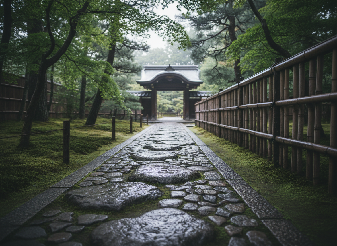 A stone pathway inside a tranquil Kyoto temple garden at early morning, its irregular gray stepping stones still damp from a light rain, glistening subtly. Moss in rich emerald tones cushions the edges, and a low, weathered bamboo fence guides the eye toward a distant wooden gate with a gently curved roof. Soft overcast light filters through tall maple and pine trees, reducing harsh shadows and creating a calm, sophisticated atmosphere. Photographic realism, shot at eye level with a gentle, natural vignette and moderate depth of field, keeping the pathway sharp while the background softly blurs. The mood is contemplative, suggesting the beginning of a personal journey through Kyoto’s hidden stories.