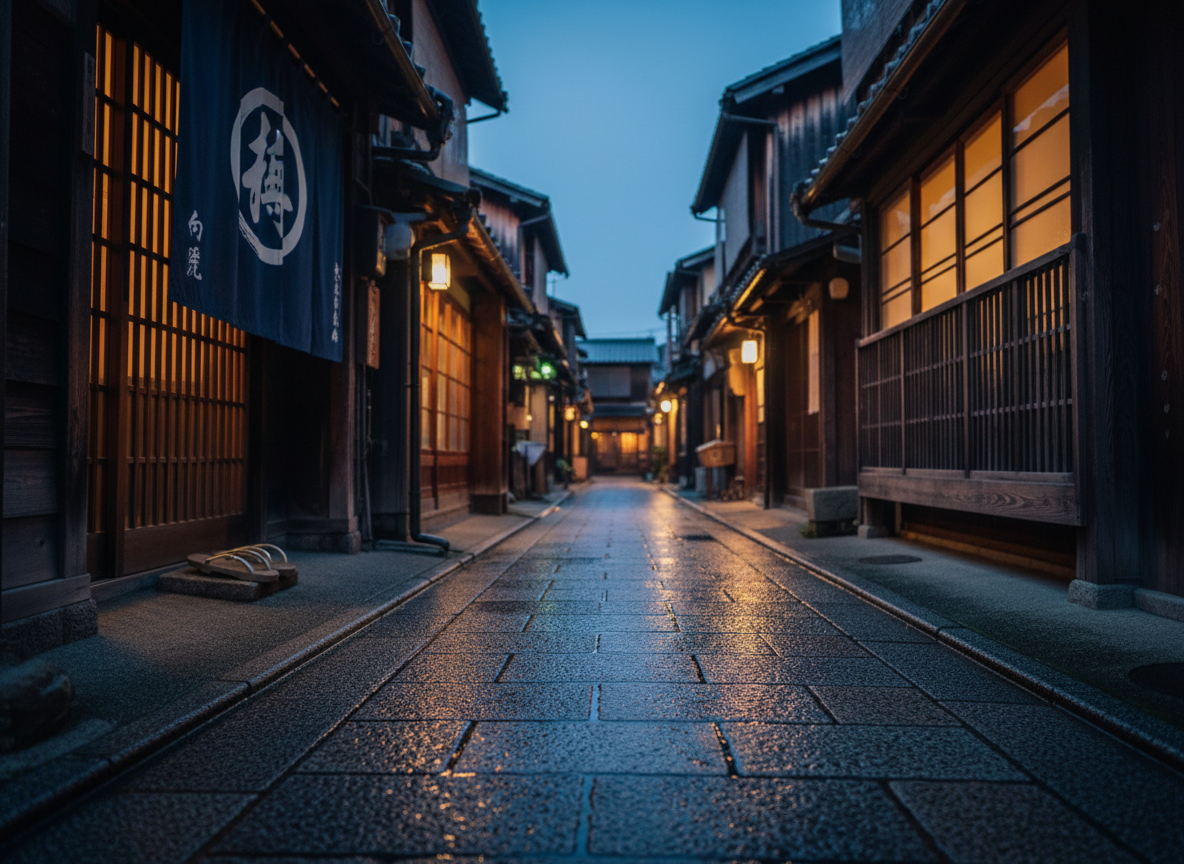 A narrow stone alley in Kyoto’s Gion district at blue hour, lined with traditional wooden machiya townhouses, their dark lattice facades and paper-covered windows glowing with warm, inviting light from within. The polished wet stones of the lane reflect the amber and indigo tones of the evening. No people are visible; instead, an open noren curtain and a pair of neatly placed geta sandals by a doorway hint at untold stories inside. Photographic realism with a slightly low-angle perspective and shallow depth of field, the foreground cobblestones in crisp focus, background softly blurred. The mood is quietly cinematic and sophisticated, avoiding cliché tourist views while suggesting intimate, local narratives.
