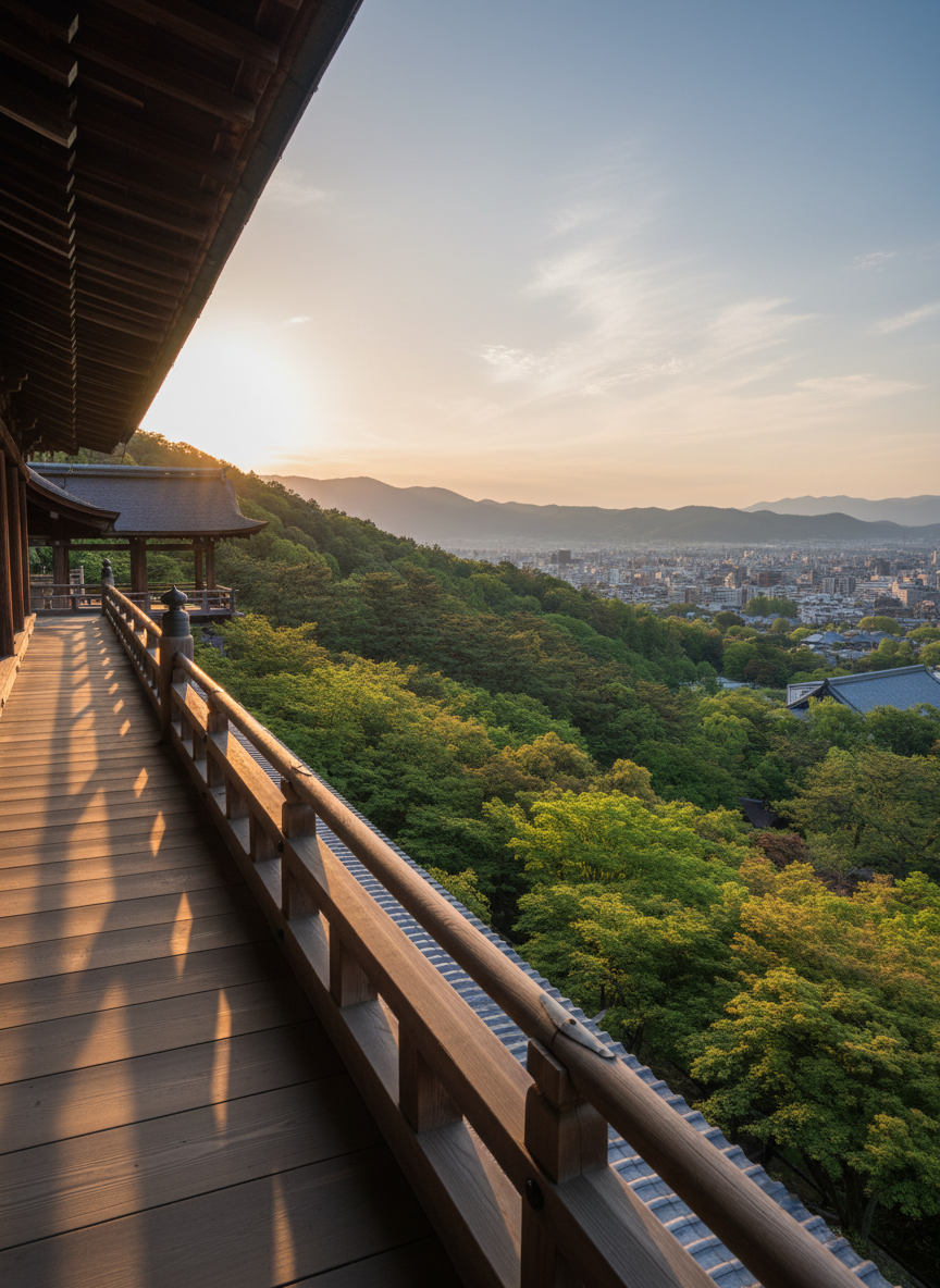 An elegant view of Kyoto’s Kiyomizu-dera temple veranda, its dark wooden beams polished by centuries, extending out over a lush green hillside. In the distance, the city of Kyoto appears as a soft, hazy layer, with tiled roofs and distant mountains under a pale blue sky. Late afternoon golden light brushes the edges of the wooden railings, revealing fine grain and subtle imperfections, while casting long, refined shadows. Photographic realism from a slightly elevated angle, using the rule of thirds to balance the historic structure and the expansive view. The mood is sophisticated and quietly dramatic, capturing the sense of standing at a threshold between old Kyoto and modern life.