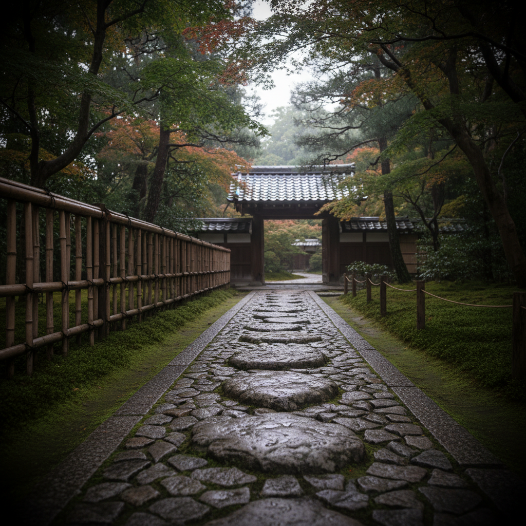 A stone pathway inside a tranquil Kyoto temple garden at early morning, its irregular gray stepping stones still damp from a light rain, glistening subtly. Moss in rich emerald tones cushions the edges, and a low, weathered bamboo fence guides the eye toward a distant wooden gate with a gently curved roof. Soft overcast light filters through tall maple and pine trees, reducing harsh shadows and creating a calm, sophisticated atmosphere. Photographic realism, shot at eye level with a gentle, natural vignette and moderate depth of field, keeping the pathway sharp while the background softly blurs. The mood is contemplative, suggesting the beginning of a personal journey through Kyoto’s hidden stories.