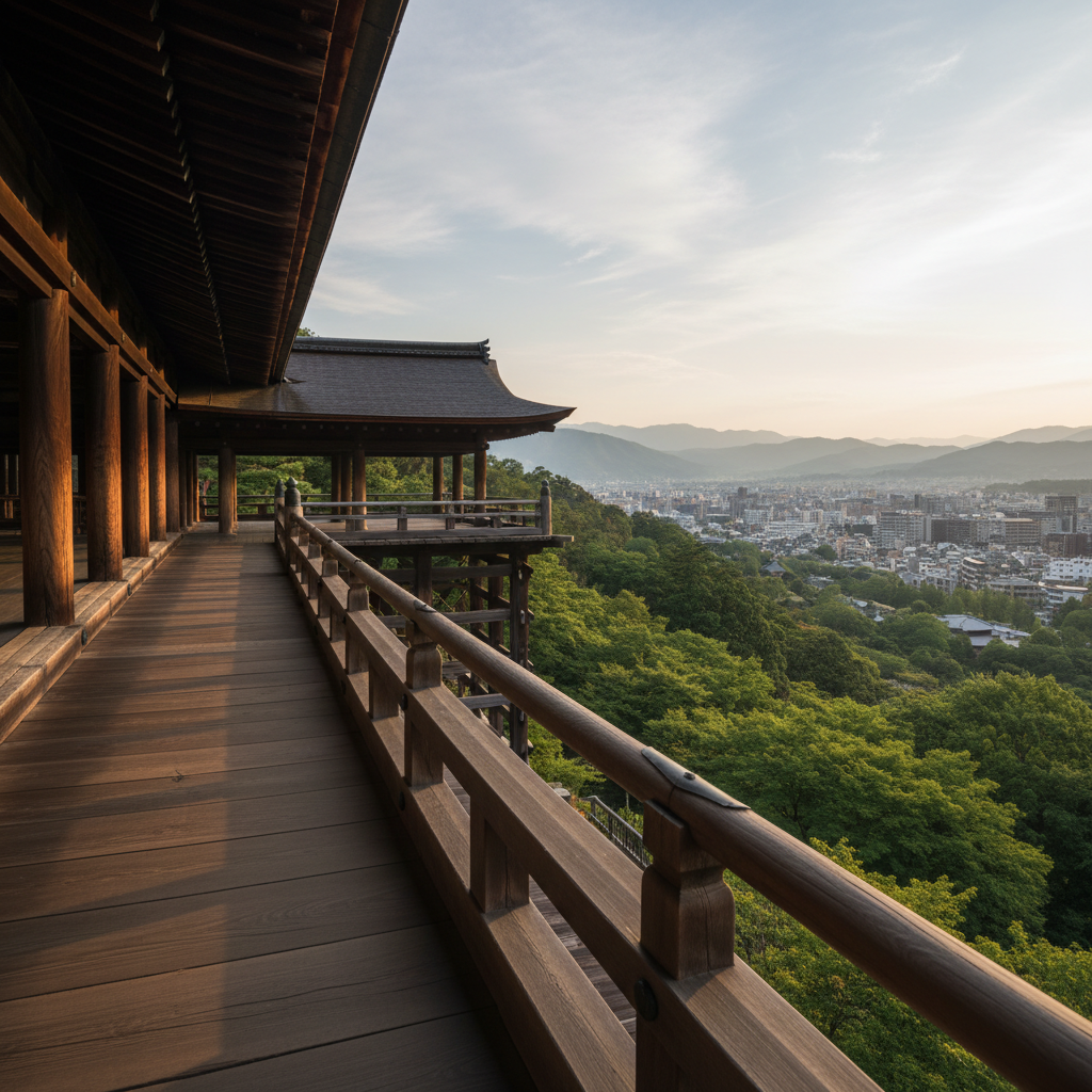 An elegant view of Kyoto’s Kiyomizu-dera temple veranda, its dark wooden beams polished by centuries, extending out over a lush green hillside. In the distance, the city of Kyoto appears as a soft, hazy layer, with tiled roofs and distant mountains under a pale blue sky. Late afternoon golden light brushes the edges of the wooden railings, revealing fine grain and subtle imperfections, while casting long, refined shadows. Photographic realism from a slightly elevated angle, using the rule of thirds to balance the historic structure and the expansive view. The mood is sophisticated and quietly dramatic, capturing the sense of standing at a threshold between old Kyoto and modern life.