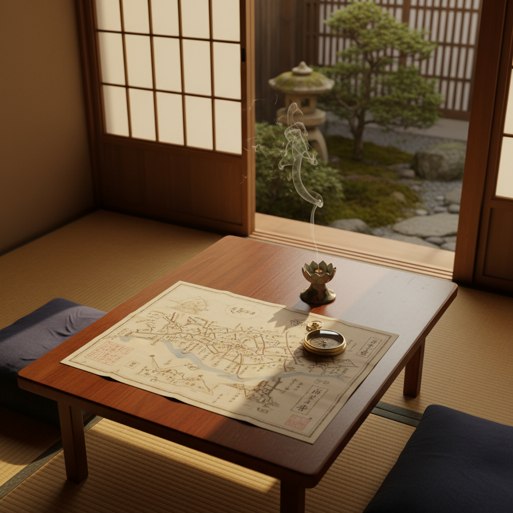 An intimate corner of a Kyoto machiya interior converted into a sophisticated reading and planning nook for travelers. A low, dark wood table holds an unfolded, hand-drawn-style map of Kyoto, a vintage brass compass, and a small, ceramic incense holder with a delicate trail of smoke. Behind it, a sliding shoji door is partially open to a pocket garden with stone lantern and carefully pruned shrub. Morning light streams through the paper screens, creating a soft, luminous grid of highlights on the tatami and the map. Photographic realism, captured from a slightly overhead angle with moderate depth of field. The overall mood is thoughtful and inviting, evoking the quiet anticipation of crafting a meaningful Kyoto itinerary.
