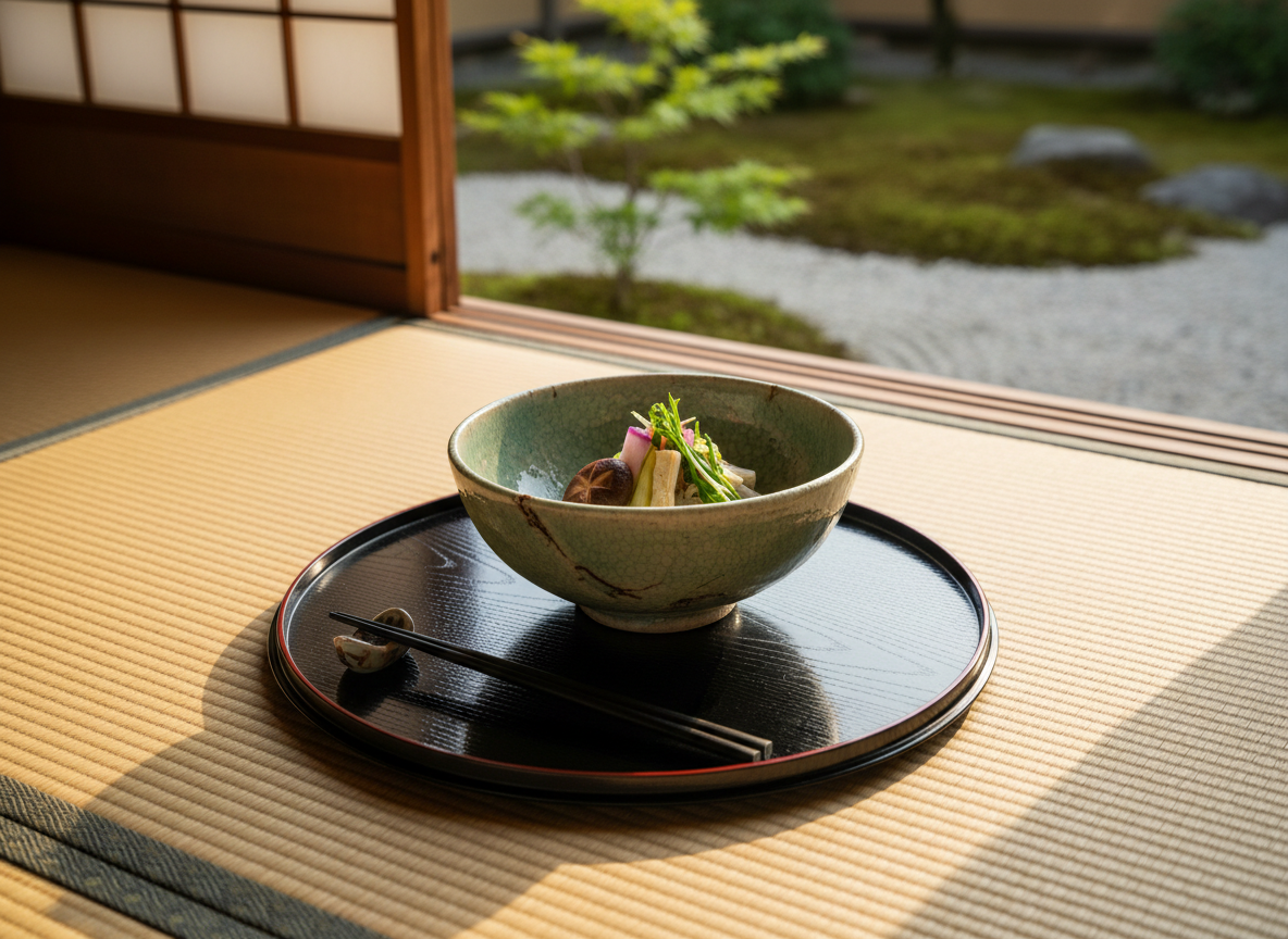 A meticulously arranged kaiseki dining setting inside a refined Kyoto ryotei, focused on a lacquered black tray holding a single, artful ceramic bowl with seasonal vegetables and delicately cut yuba. The bowl’s subtle celadon glaze shows faint crackle patterns, contrasted against the high-gloss black surface. Behind it, a partially open shoji screen reveals a hint of a moss garden and raked gravel outside. Late afternoon natural light filters through paper screens, creating a soft, diffused glow and gentle shadows on the tatami floor. Photographic realism, shot from a slightly elevated, three-quarter angle with a shallow depth of field to keep attention on the dish. The atmosphere is refined, intimate, evoking the narrative depth of tasting Kyoto through its seasons.